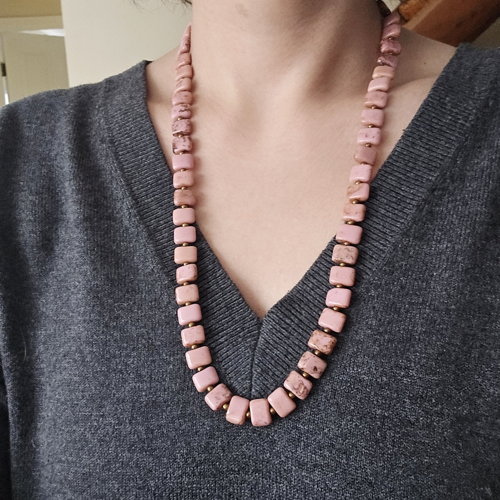 Vintage Peruvian Pink Opal Beaded Boho Bohemian Gemstone Bead Necklace - Picture 4 of 9